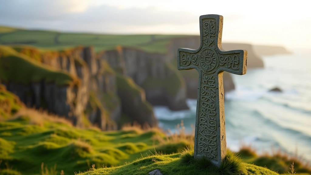 Ancient stone Celtic cross standing weathered on green coastal headland, carved intricately with traditional patterns, Atlantic cliffs visible in background