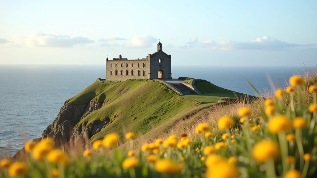 Ardmore Monastery ruins on coastal headland with Atlantic ocean and wildflowers, historic stone structure