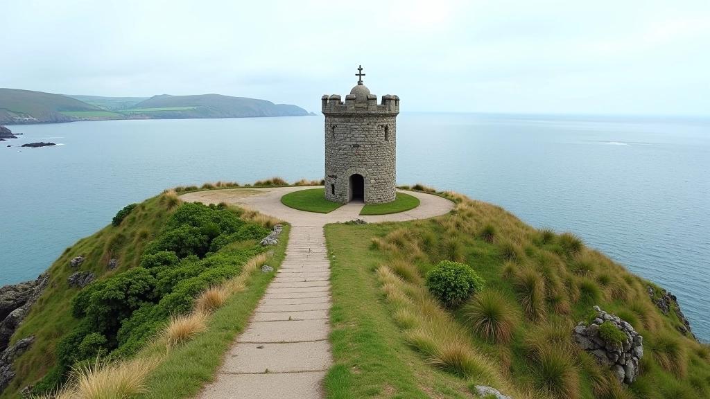 Ardmore round tower visible on coastal headland, aerial view of walking paths and coastal landscape