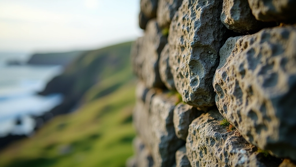 Close-up of ancient stone wall from Ardmore Monastery with weathered texture and lichen, detail of historic masonry overlooking coastal landscape