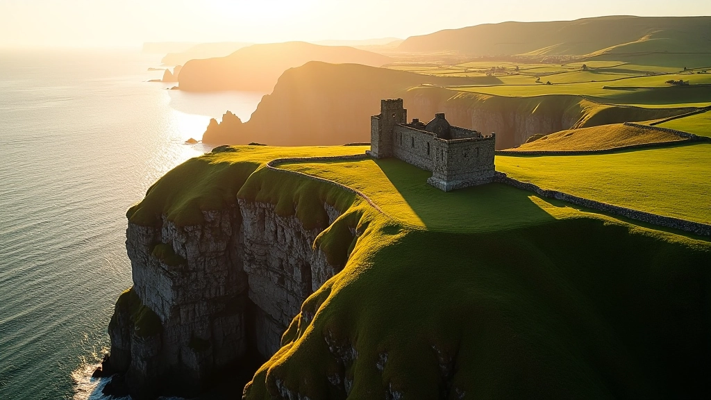 Aerial view of Ardmore Monastery ruins perched on coastal cliffs overlooking Dungarvan Bay, green fields and blue water, golden hour lighting