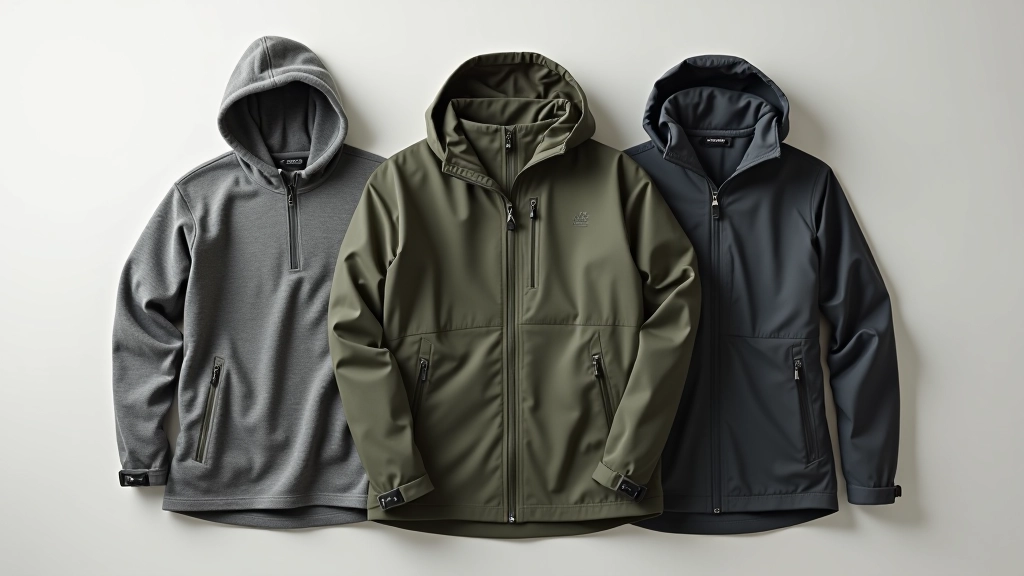 Layered clothing items spread out including moisture-wicking base layer, fleece mid-layer, and waterproof jacket, demonstrating the three-layer system for coastal walks