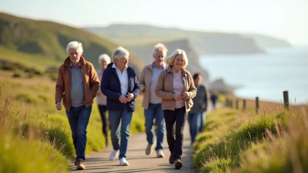 Group of older adults walking on coastal path