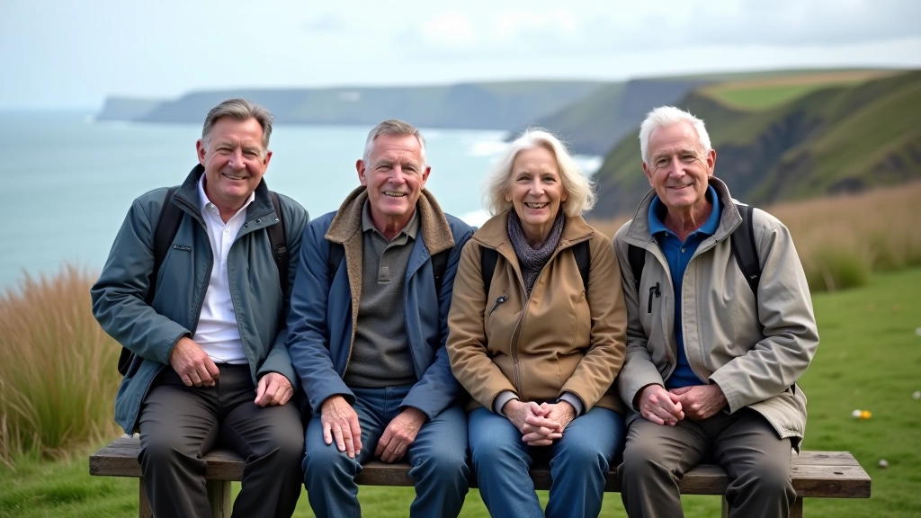 Group of walkers taking a break on a bench, sitting together, coastal view behind them