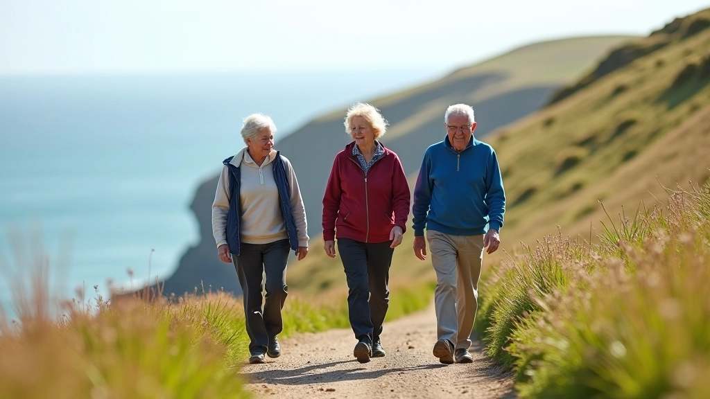 Group of older walkers on coastal trail, two women and one man, walking together on sunny day