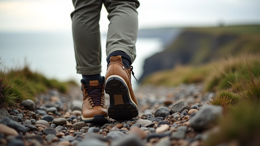 Close-up of hiking boots on rocky coastal trail with ocean view, detail shot of proper footwear