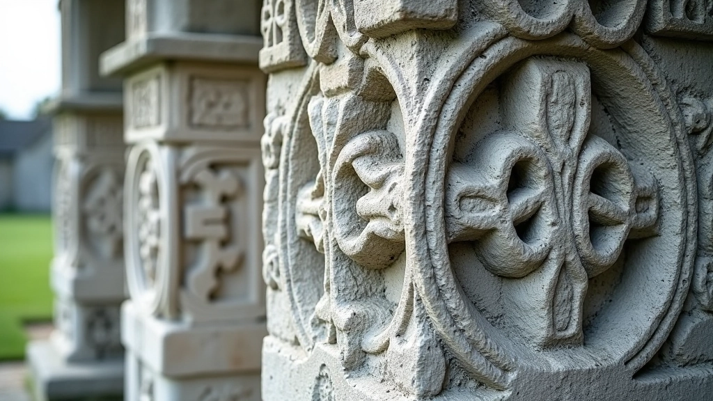 Detailed carved stone with Celtic interlace patterns and religious iconography, weathered medieval carving on monastery wall, close-up texture