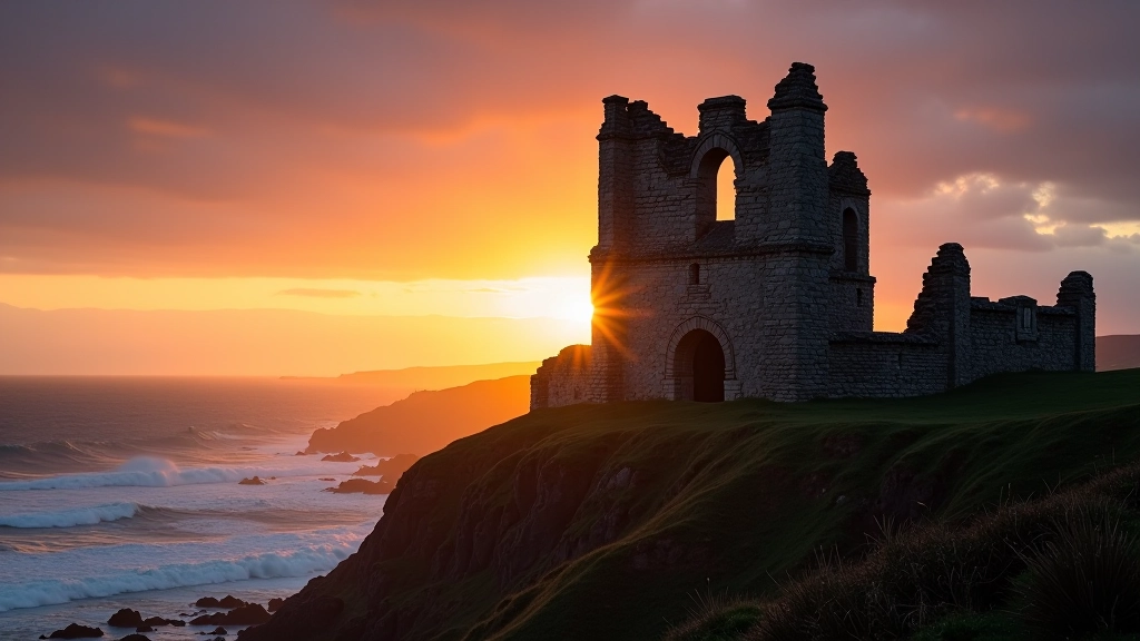 Stone monastery tower ruins silhouetted against dramatic sunset sky, weathered medieval architecture, coastal landscape with wild Atlantic waves crashing below