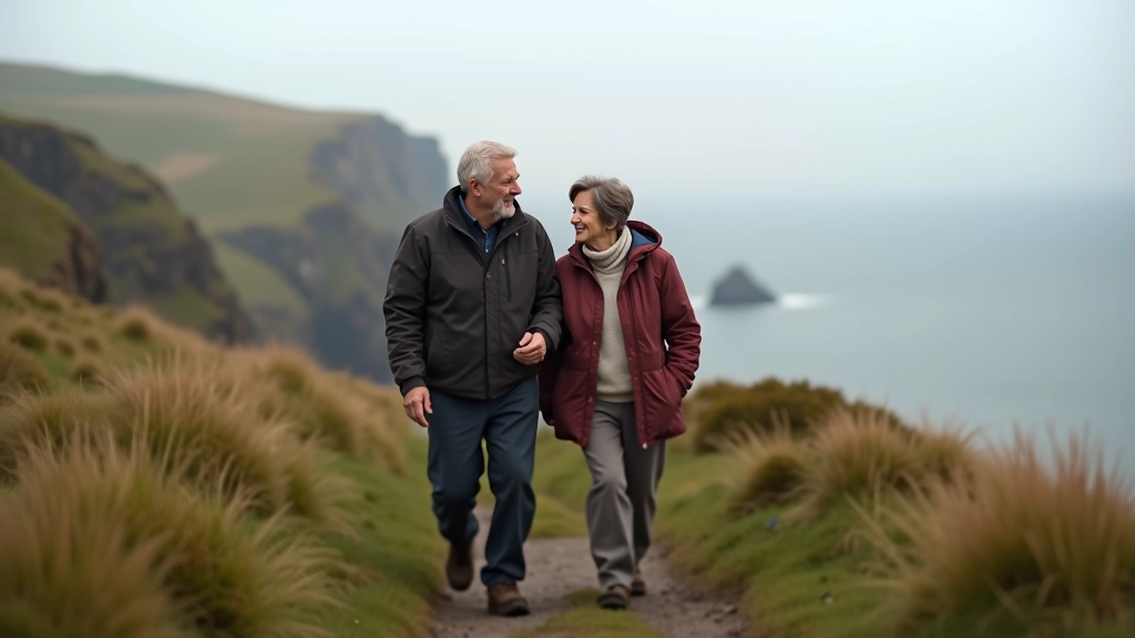 Older woman and man walking side by side on coastal path, conversing, natural pace, scenic background