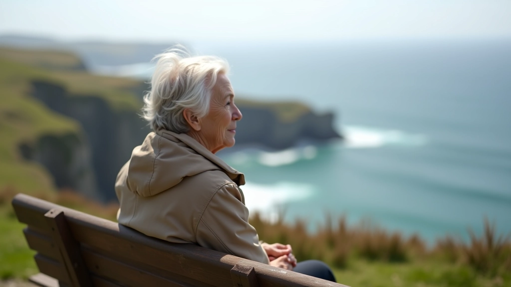 Older adult sitting on a bench overlooking the coast, taking a rest, peaceful expression
