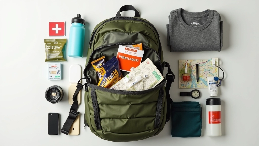 Backpack with organized gear laid out, showing practical items arranged efficiently including water bottle, snacks, maps, first aid kit, and weather-appropriate clothing