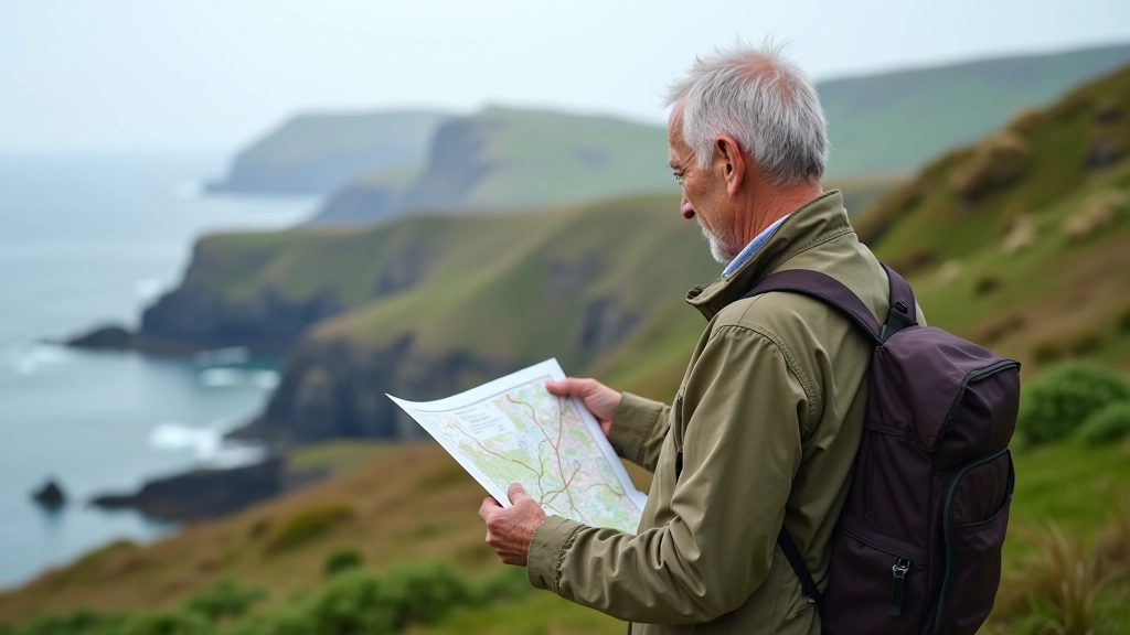 Hiker checking map on coastal path, orienteering outdoors with navigation tools