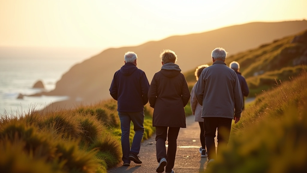 Family group of older adults and younger people walking together on coastal path with ocean and sky in background, happy moment on trail