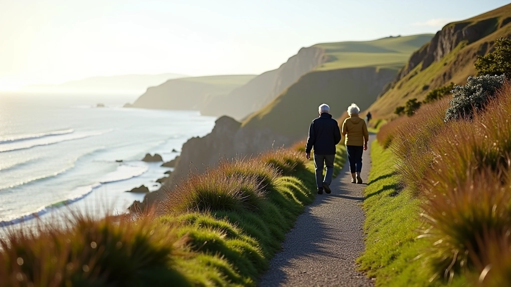 Older adults enjoying a safe coastal cliff walk with ocean views in Waterford