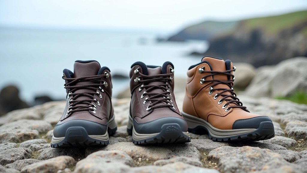 Selection of hiking boots and walking shoes arranged on rocky coastal ground, showing different grip patterns and styles suitable for cliff paths