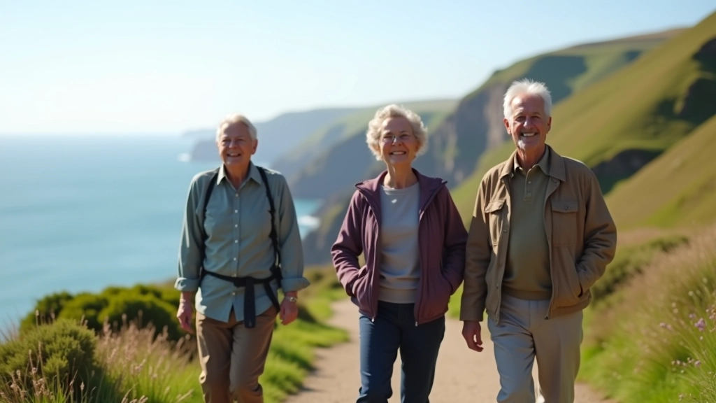 Friends walking together on coastal path with ocean view in background, relaxed pace, smiling