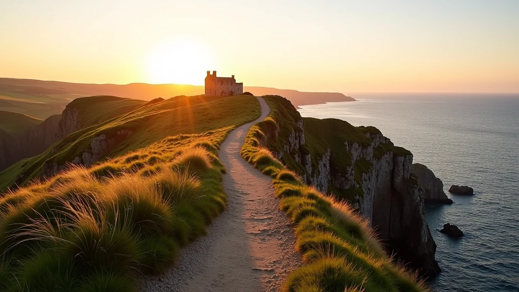 Scenic coastal cliff path at Ardmore headland with historic monastery ruins overlooking Atlantic Ocean, clear day in Waterford