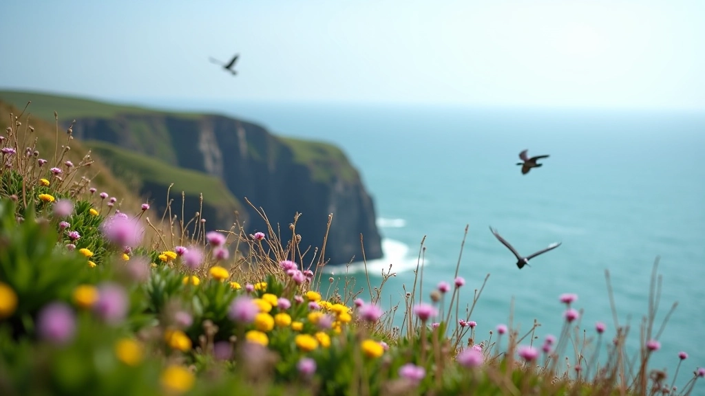 Coastal wildflowers and seabird on cliffs