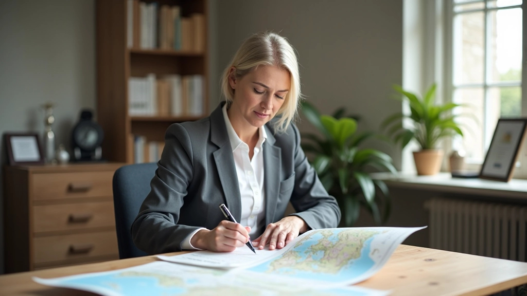 Siobhán O'Connor working at desk with trail maps, topographical surveys, and hiking gear spread out in a professional office environment
