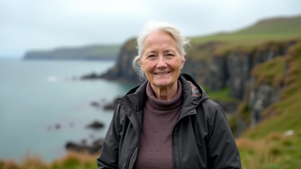 Older woman wearing layers for coastal walking, weather-appropriate outdoor clothing on a breezy day