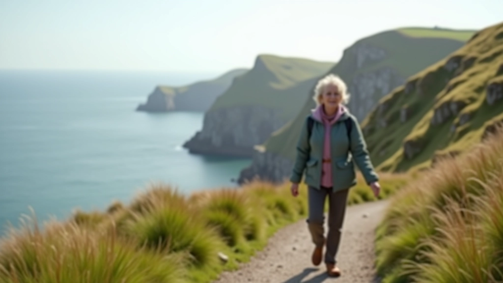 Older woman walking on coastal path with sea cliffs in background, sunny day, Waterford Ireland